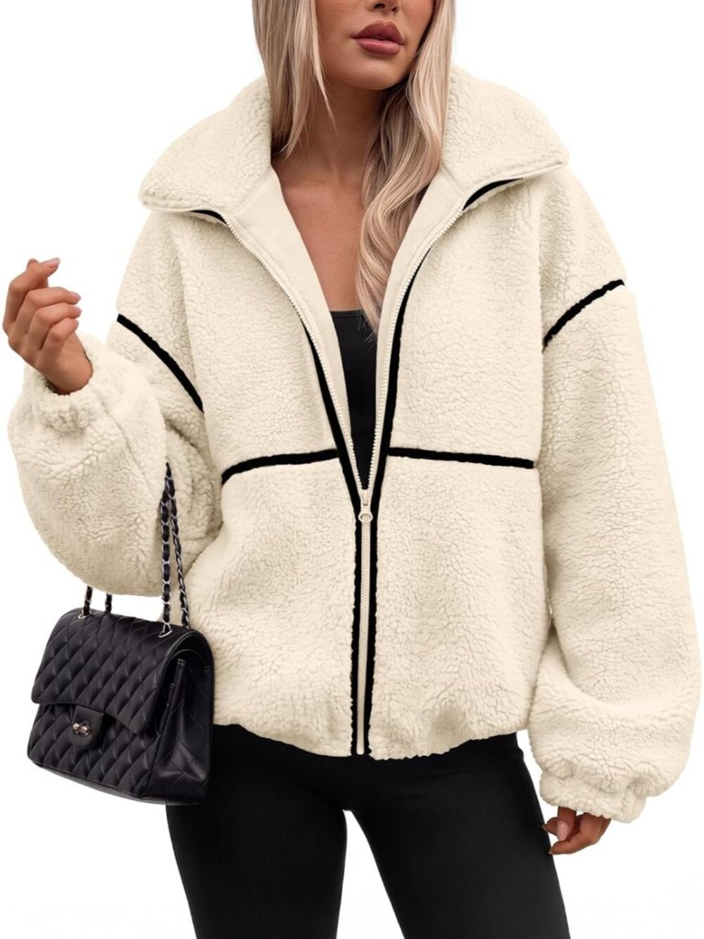 Women Aprico Stand Collar Teddy Coats Oversize Zip Up Cuff Sleeve Fleece Jacket
